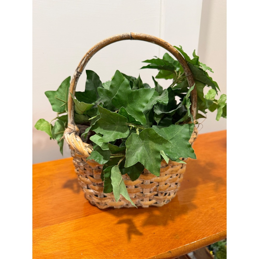 Faux Ivy Plant in Woven Wicker Basket with Handle Home Decor Greenery Accent